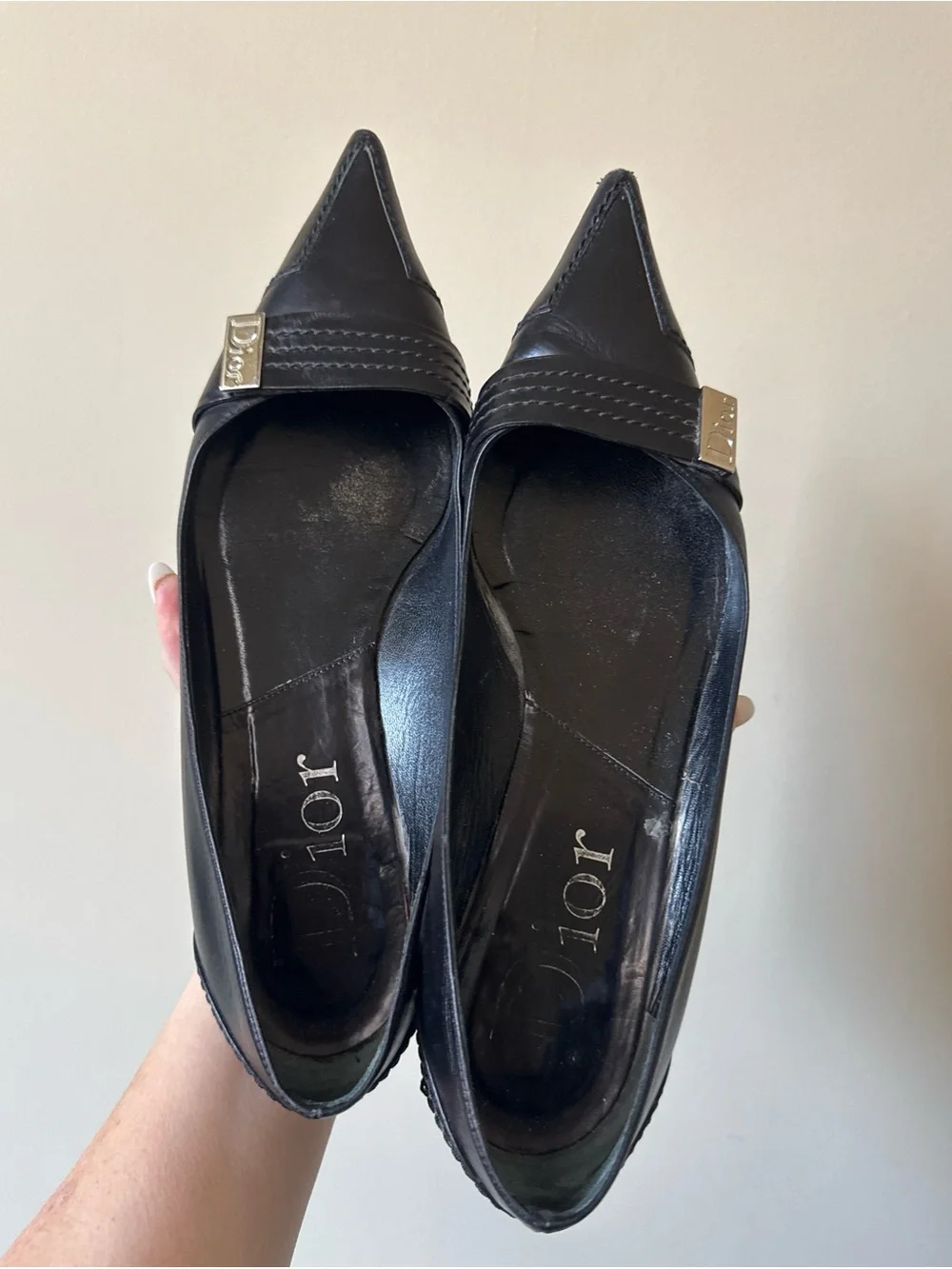 Dior Black Pointed Toe Leather Slip-On Flats with Silver Logo Size 38 - Picture 6 of 7